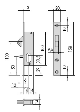CISA 45010-16 zadlabací zámek s výklopným hákem | Rozměrové schéma CISA 45010-16