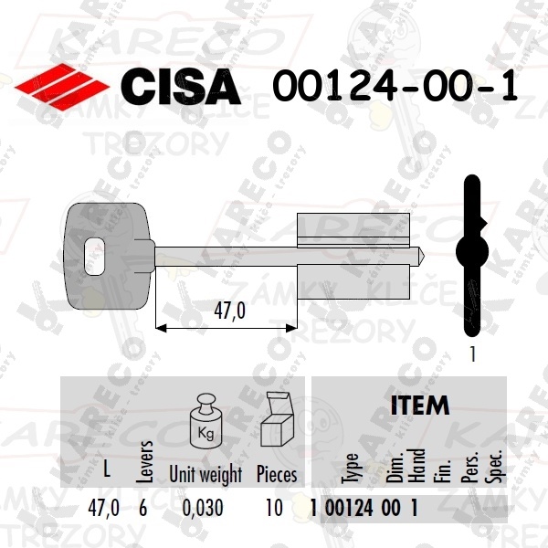 CISA 00124-00-1 polotovar trezorového klíče