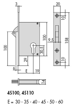 CISA 45110-40-0 zámek zadlabací s výklopným hákem | Rozměrové schéma CISA 45110