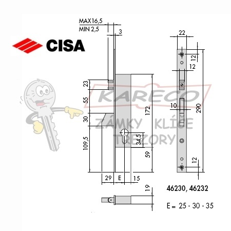  | Rozměrové schéma CISA 46230-25-0 zadlabací zámek