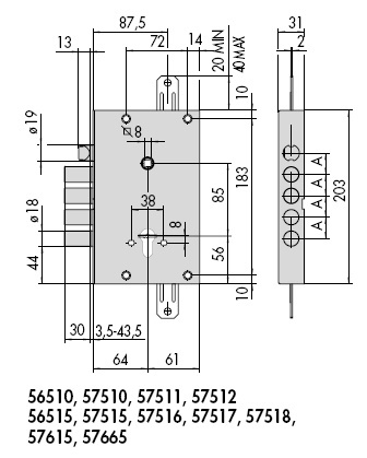 CISA 57665-28-A zámek pro pancéřové dveře | Rozměrové schéma CISA 57665